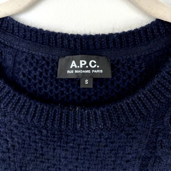 APC Navy Blue 100% Wool Cable Knit Crewneck Sweater Men’s Small Button Shoulder - Picture 8 of 10